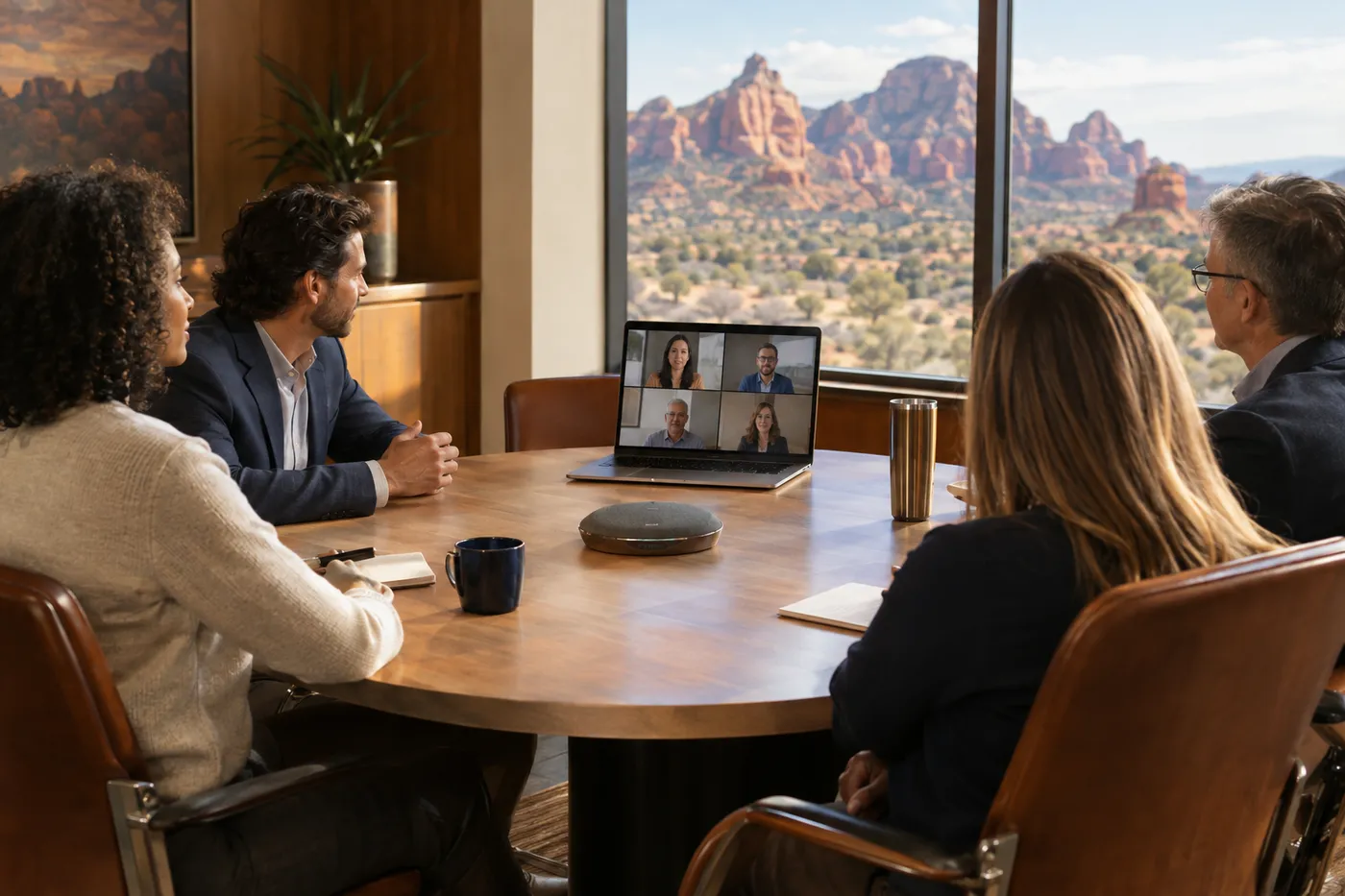 Team of four meeting around a conference table with a speakerphone and a red rock view